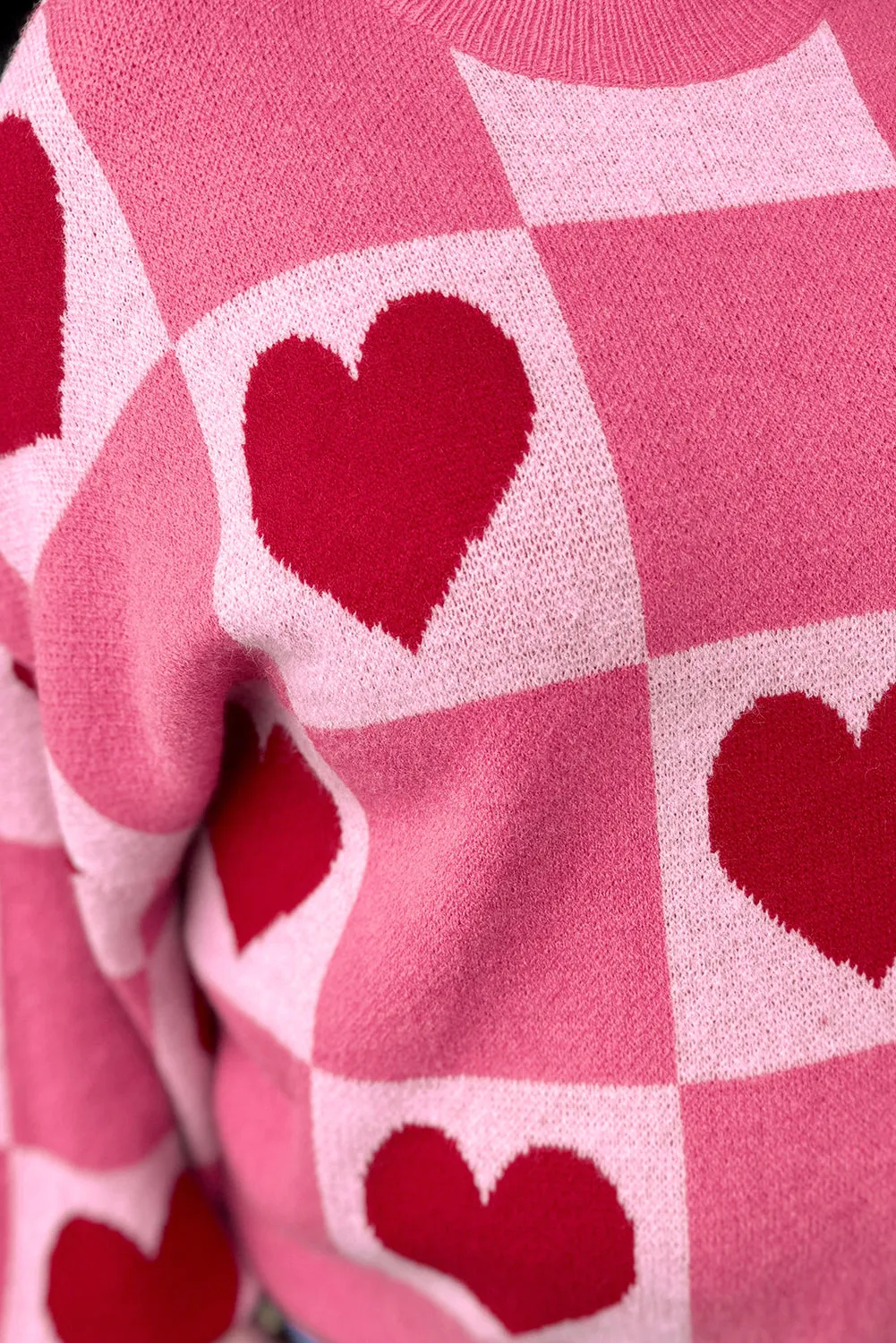 Pink Love Heart Checkered Valentine Crew Neck Sweater sold by Beagle Boutique product image thumbnail 4