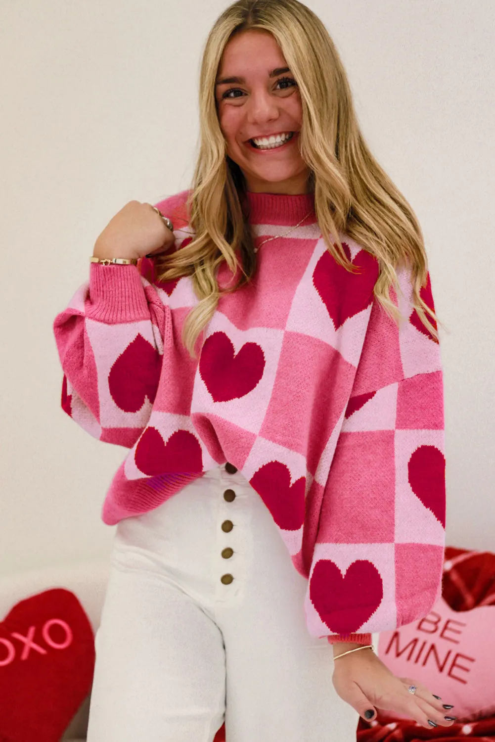 Pink Love Heart Checkered Valentine Crew Neck Sweater sold by Beagle Boutique product image thumbnail 2
