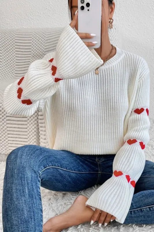 White Heart Shape Bell Sleeve Valentine Sweater made by eAura