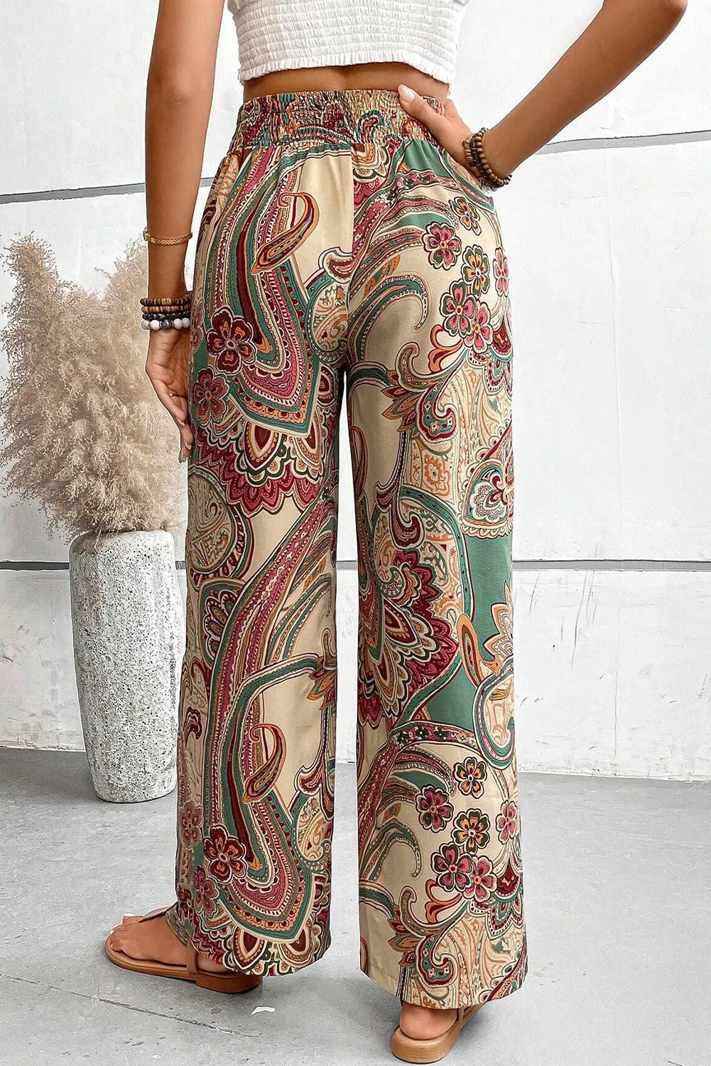 Khaki Paisley Print Boho Elastic Waist Wide Leg Trousers sold by Beagle Boutique product image thumbnail 2