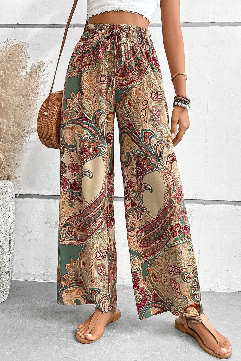 Khaki Paisley Print Boho Elastic Waist Wide Leg Trousers sold by Beagle Boutique