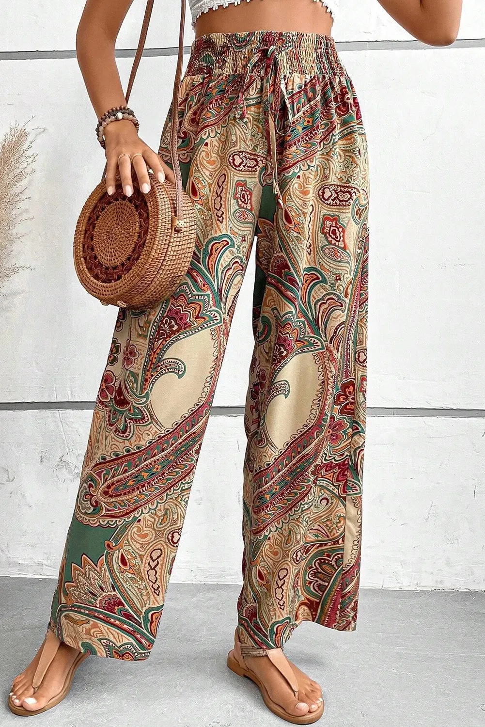 Khaki Paisley Print Boho Elastic Waist Wide Leg Trousers sold by Beagle Boutique product image thumbnail 4