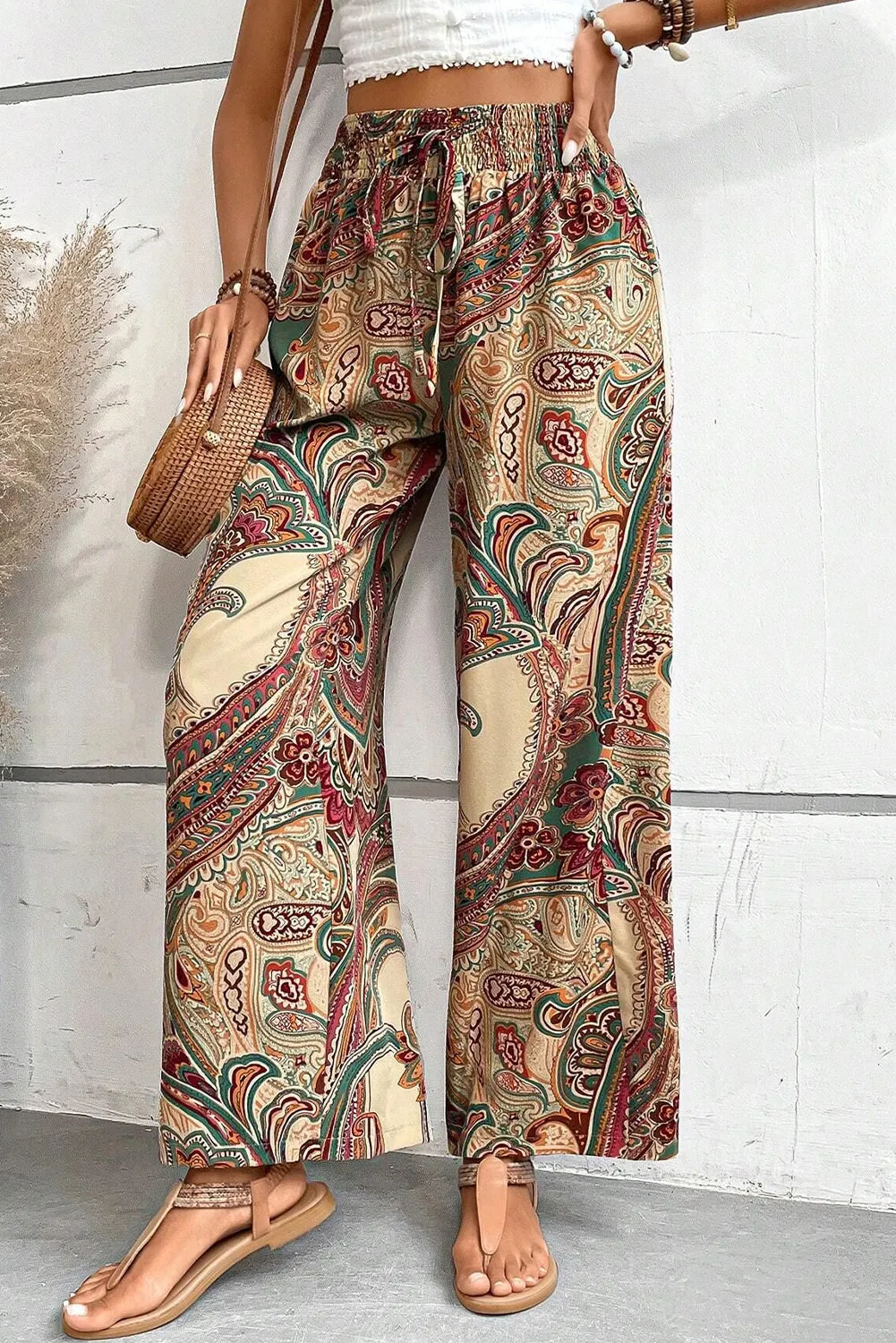 Khaki Paisley Print Boho Elastic Waist Wide Leg Trousers sold by Beagle Boutique product image thumbnail 3