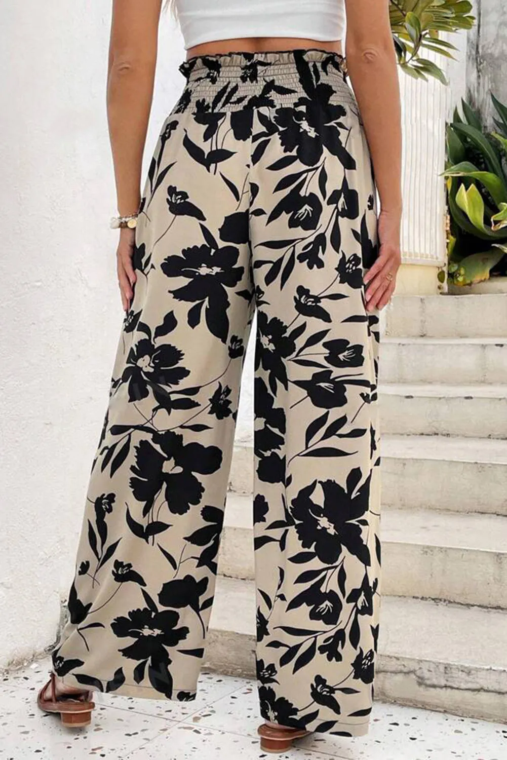 Khaki Floral Print Smocked High Waist Wide Leg Trousers sold by Beagle Boutique product image thumbnail 2