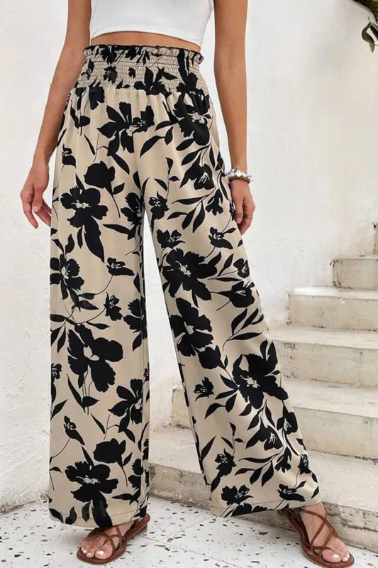 Khaki Floral Print Smocked High Waist Wide Leg Trousers sold by Beagle Boutique