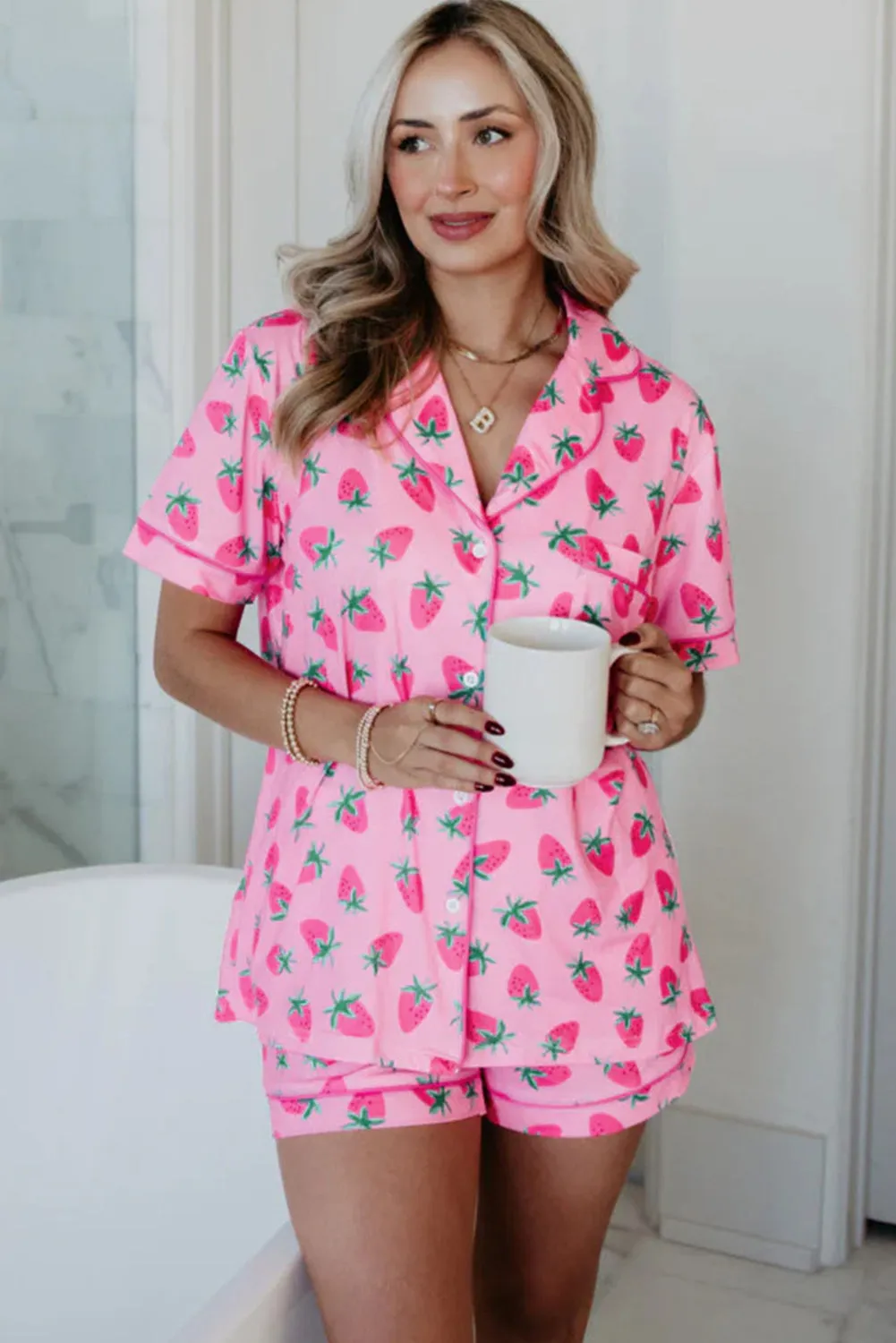 Pink Strawberry Print Lapel Collar Top and Shorts Pyjama Set sold by Beagle Boutique product image thumbnail 3