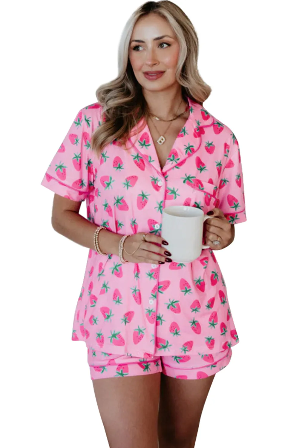 Pink Strawberry Print Lapel Collar Top and Shorts Pyjama Set sold by Beagle Boutique product image thumbnail 4