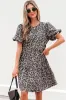 Brown Denim Leopard Printed Short Puff Sleeve Mini Dress sold by Beagle Boutique