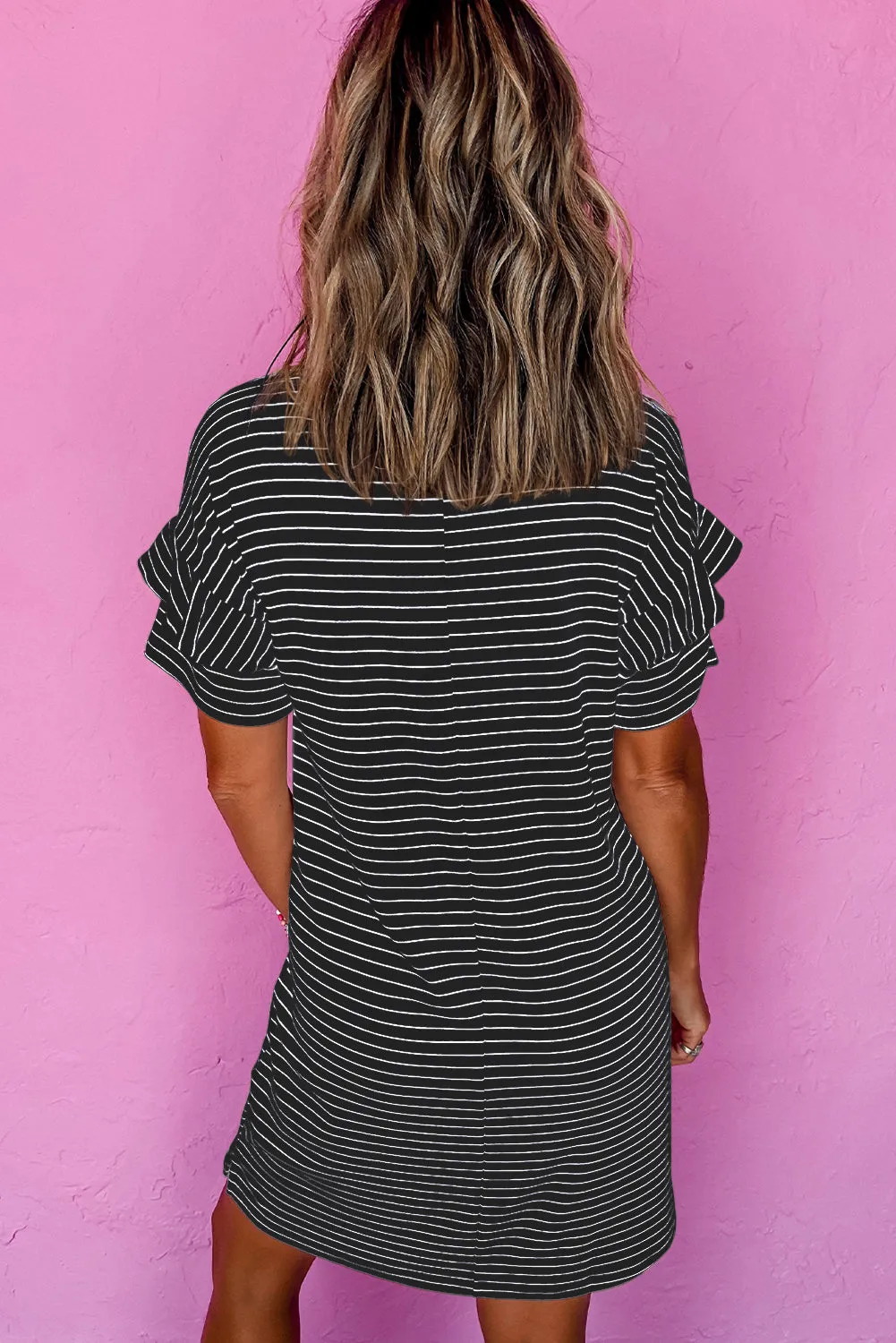 Black Stripe Ruffled Short Sleeve Crew Neck T Shirt Shift Mini Dress sold by Beagle Boutique product image thumbnail 2