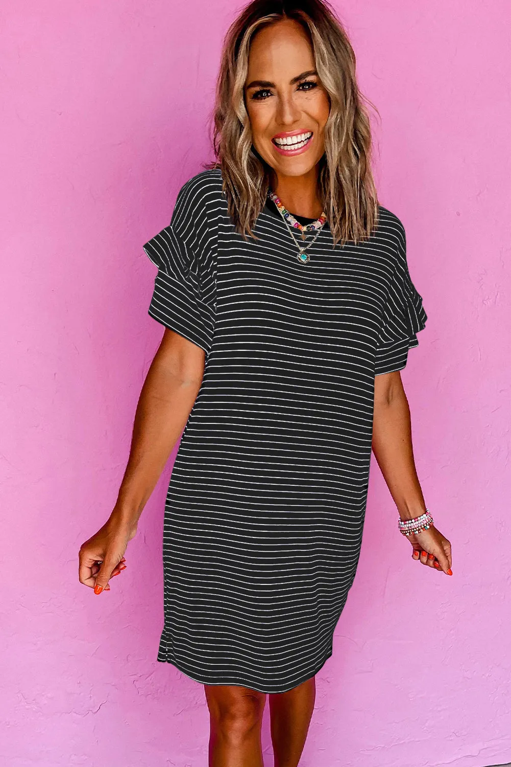 Black Stripe Ruffled Short Sleeve Crew Neck T Shirt Shift Mini Dress sold by Beagle Boutique product image thumbnail 3