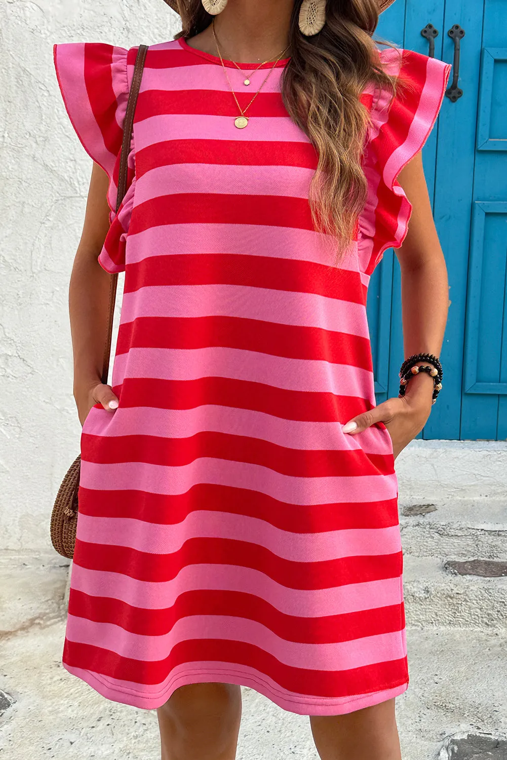 Red Stripe Flutter Sleeve Round Neck Shift Dress sold by Beagle Boutique product image thumbnail 5