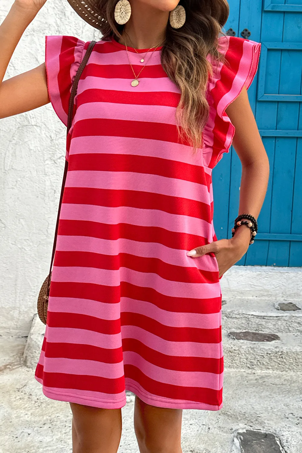 Red Stripe Flutter Sleeve Round Neck Shift Dress sold by Beagle Boutique product image thumbnail 3