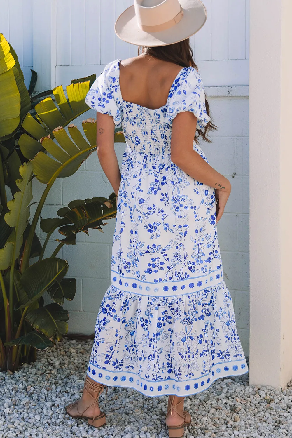 Sky Blue Floral Print Square Neck Bubble Sleeve High Waist Maxi Dress sold by Beagle Boutique product image thumbnail 2