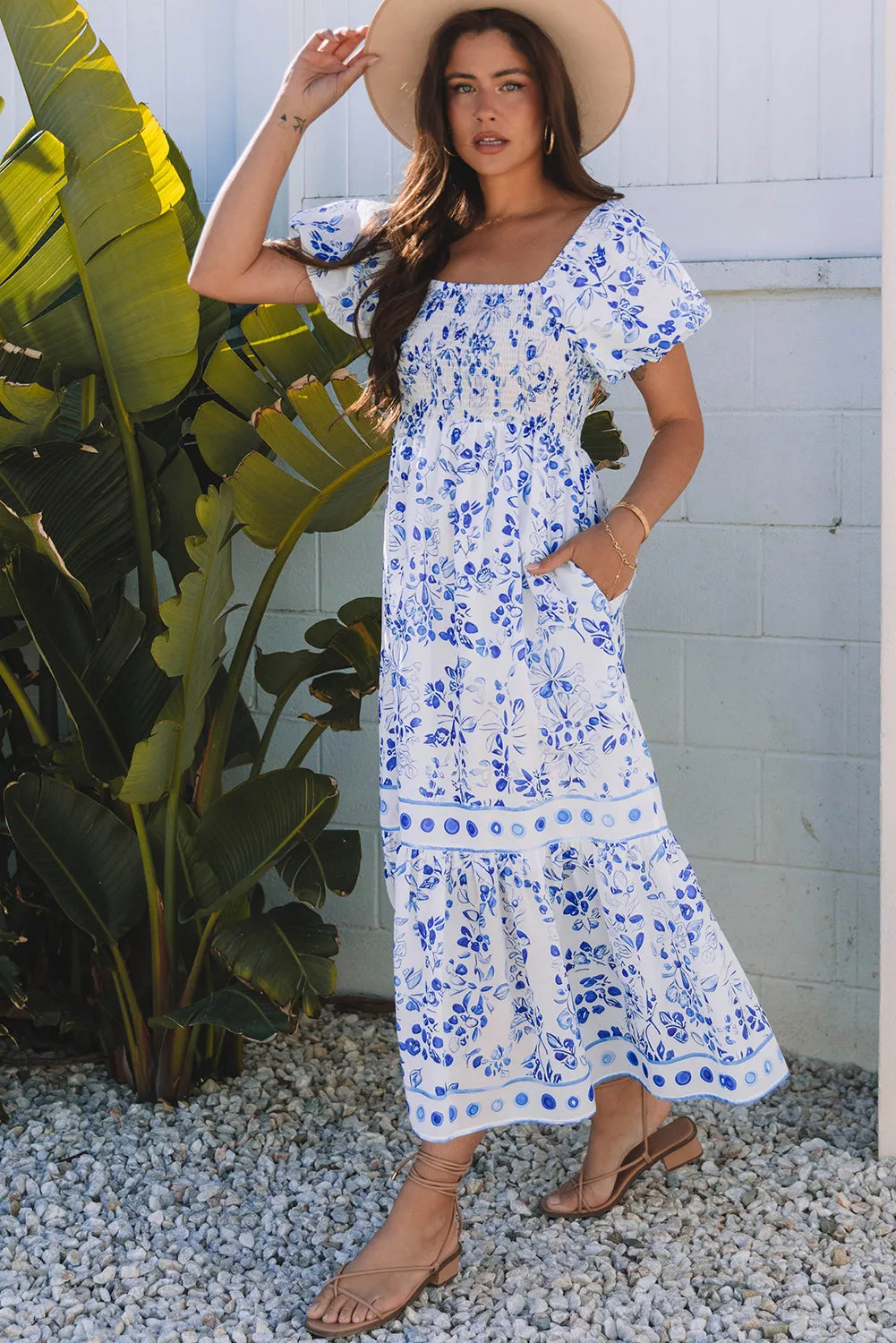 Sky Blue Floral Print Square Neck Bubble Sleeve High Waist Maxi Dress sold by Beagle Boutique product image thumbnail 3