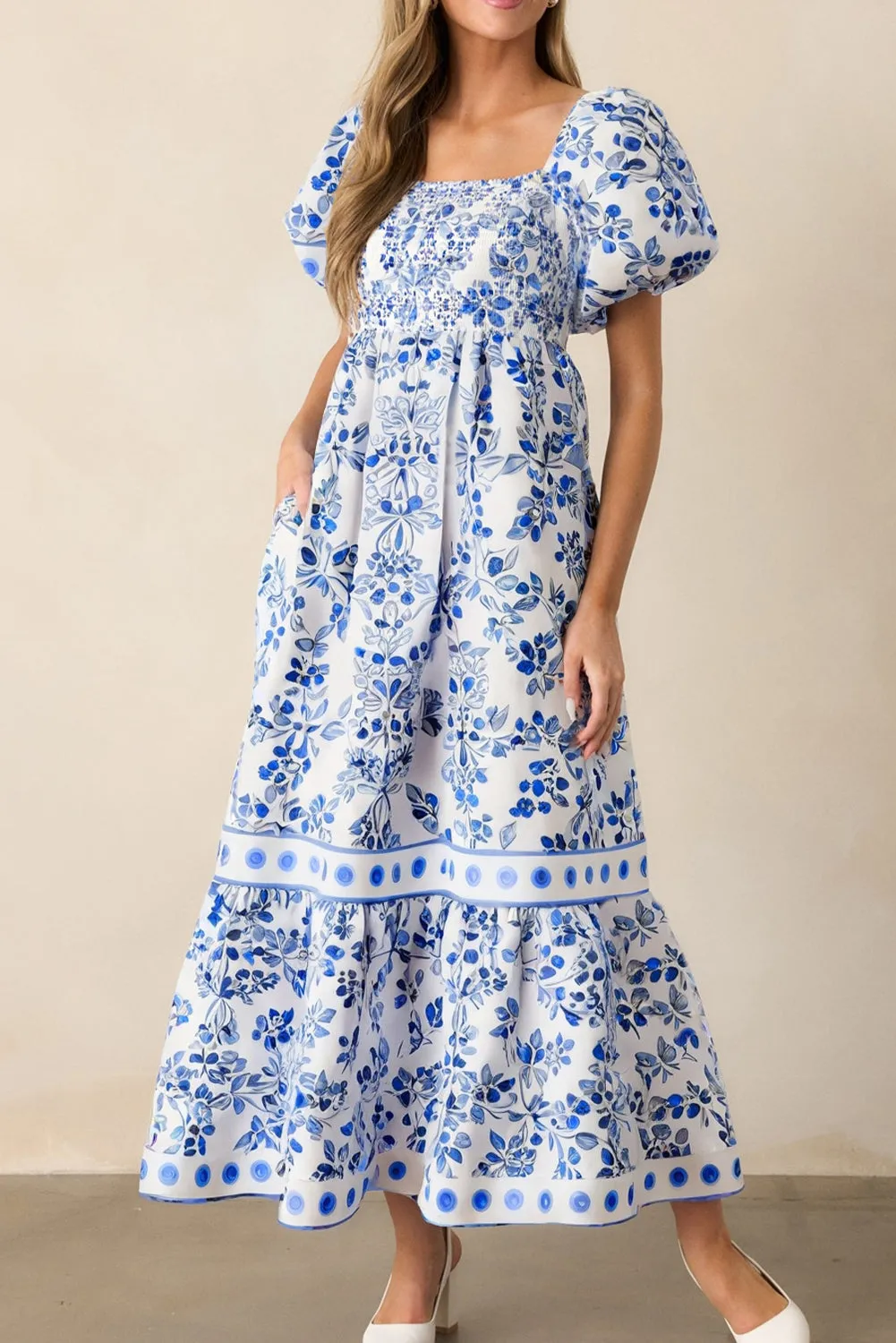 Sky Blue Floral Print Square Neck Bubble Sleeve High Waist Maxi Dress sold by Beagle Boutique product image thumbnail 5