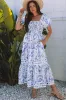 Sky Blue Floral Print Square Neck Bubble Sleeve High Waist Maxi Dress sold by Beagle Boutique