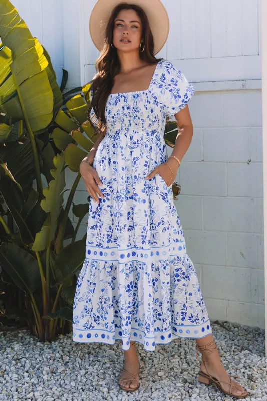 Sky Blue Floral Print Square Neck Bubble Sleeve High Waist Maxi Dress sold by Beagle Boutique