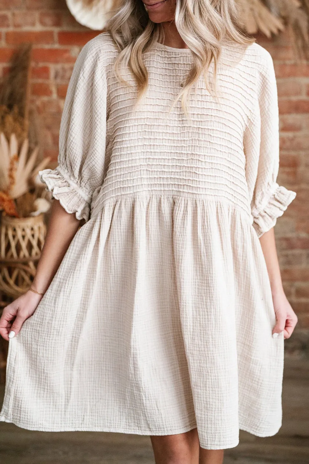White Textured Ruffled Puff Sleeve Oversized Dress sold by Beagle Boutique