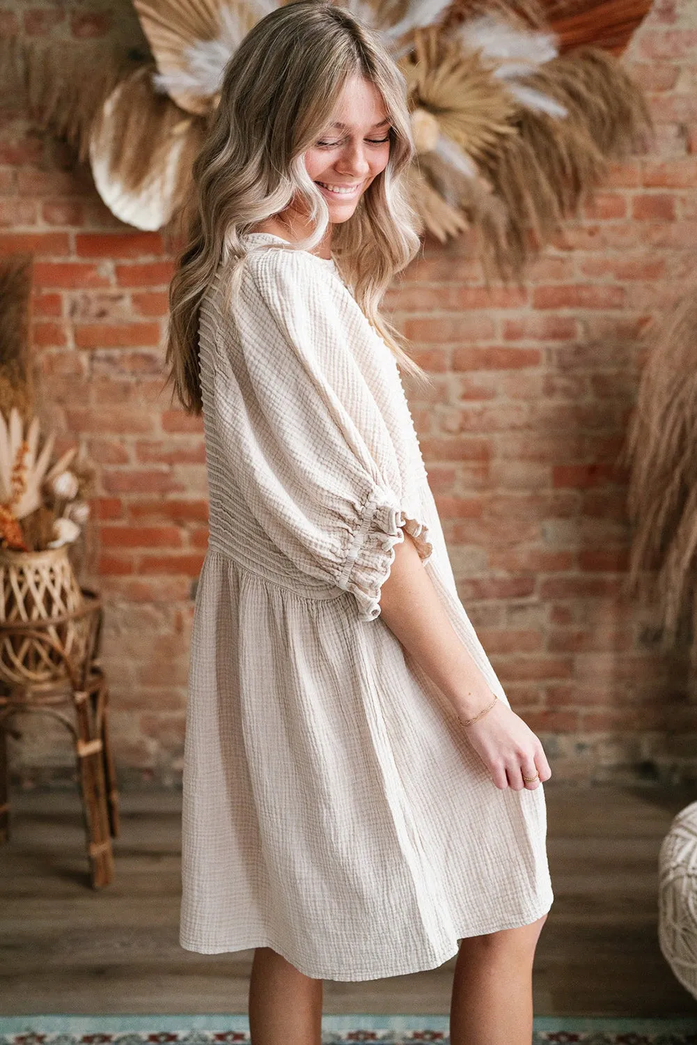 White Textured Ruffled Puff Sleeve Oversized Dress sold by Beagle Boutique product image thumbnail 3