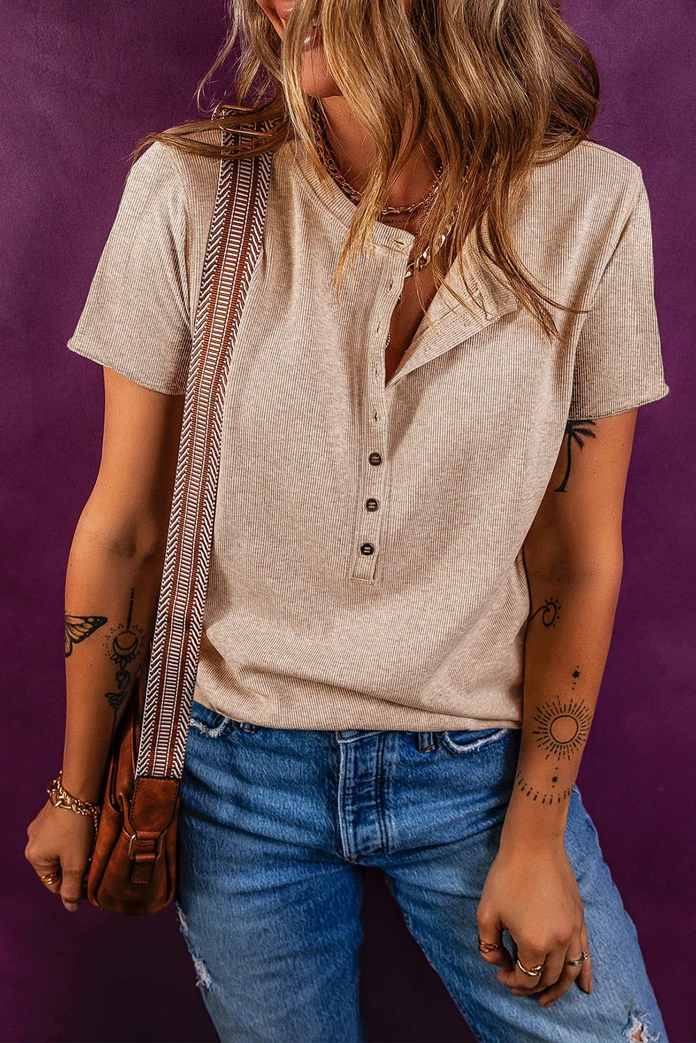 Oatmeal Short Sleeve Half Button Ribbed Knit Top sold by Beagle Boutique product image thumbnail 4