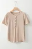 Oatmeal Short Sleeve Half Button Ribbed Knit Top sold by Beagle Boutique