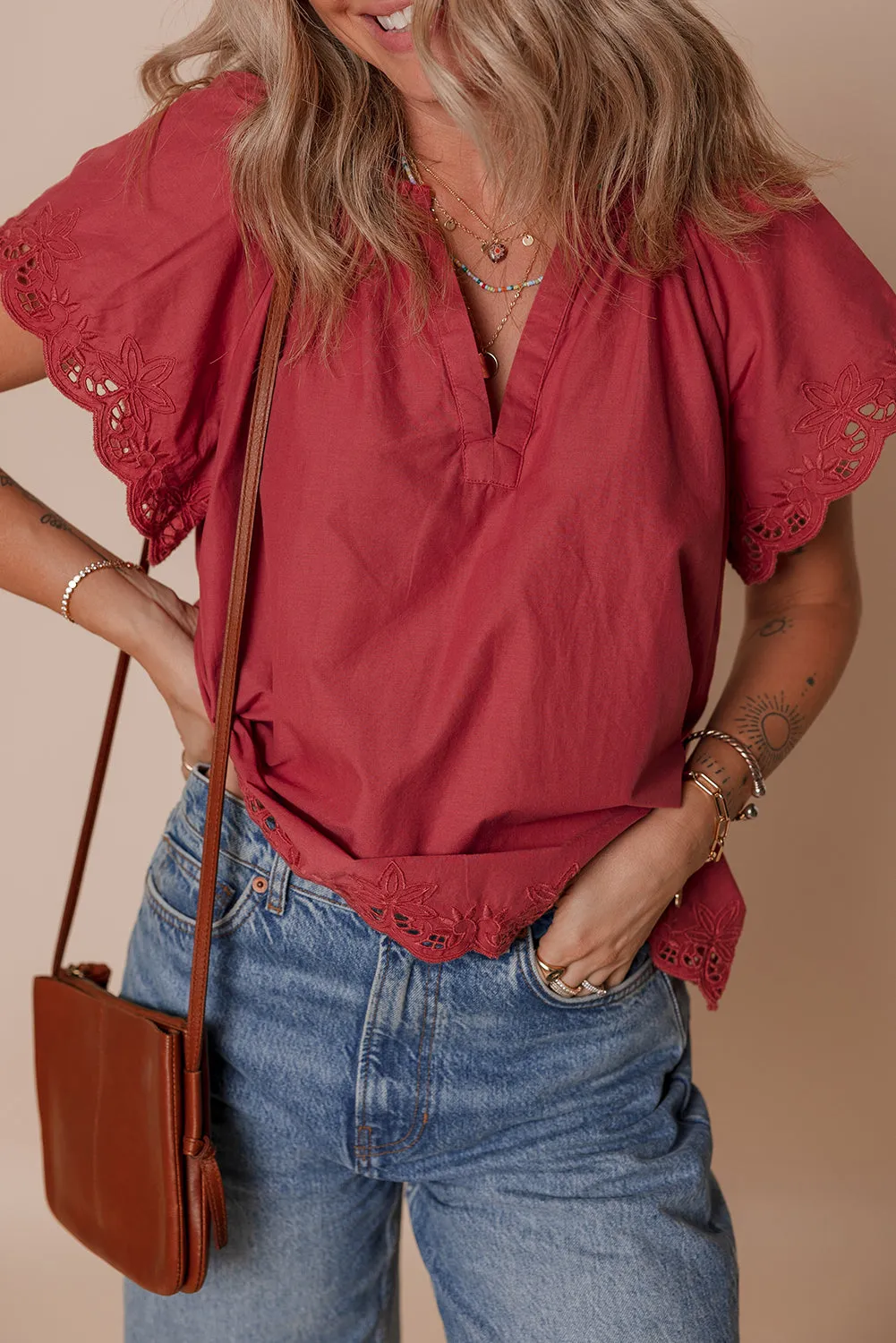 Red Dahlia Floral Embroidered Scallop Trim Short Sleeve V Neck Blouse sold by Beagle Boutique product image thumbnail 5