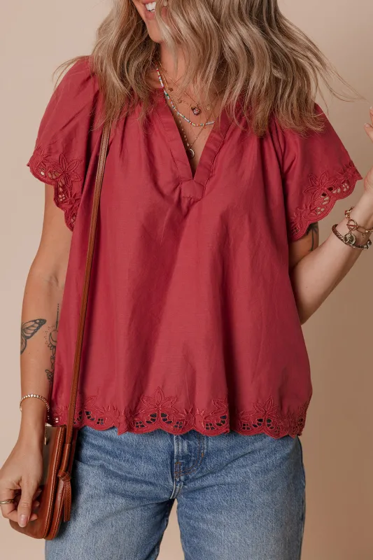 Red Dahlia Floral Embroidered Scallop Trim Short Sleeve V Neck Blouse sold by Beagle Boutique