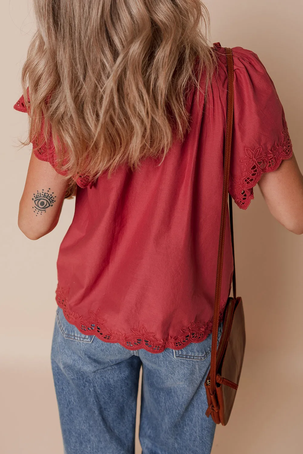 Red Dahlia Floral Embroidered Scallop Trim Short Sleeve V Neck Blouse sold by Beagle Boutique product image thumbnail 2