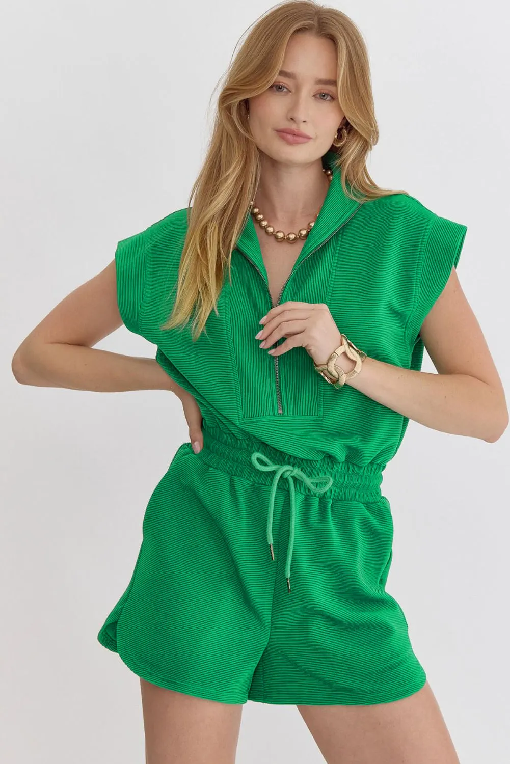 Bright Green Textured Short Sleeve Half Zip Drawstring Waist Romper sold by Beagle Boutique product image thumbnail 5