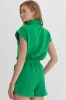 Bright Green Textured Short Sleeve Half Zip Drawstring Waist Romper sold by Beagle Boutique