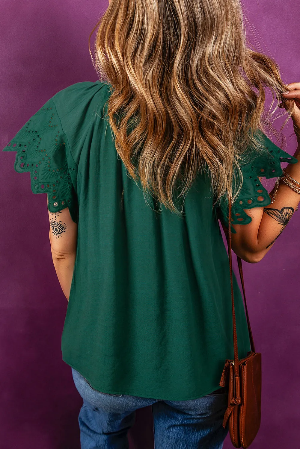 Green Bay Eyelet Embroidered Sleeve Tie V Neck Blouse sold by Beagle Boutique product image thumbnail 2