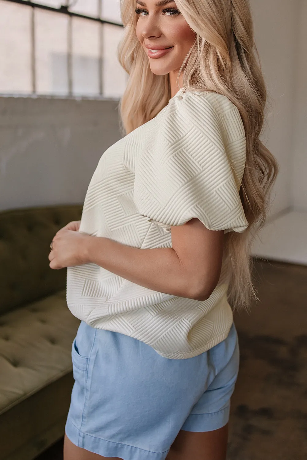 Oatmeal Textured Puff Sleeve T-shirt sold by Beagle Boutique product image thumbnail 3