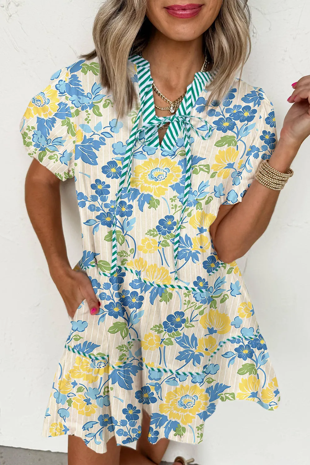 Blue Floral Striped Trim Puff Short Sleeve Dress sold by Beagle Boutique