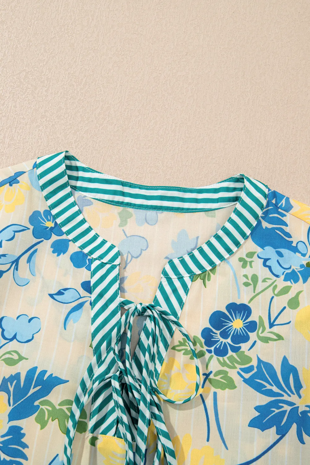 Blue Floral Striped Trim Puff Short Sleeve Dress sold by Beagle Boutique product image thumbnail 5