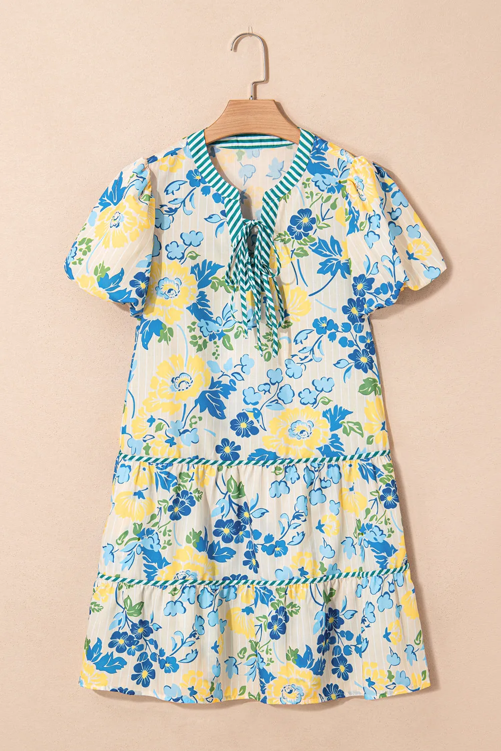 Blue Floral Striped Trim Puff Short Sleeve Dress sold by Beagle Boutique product image thumbnail 3