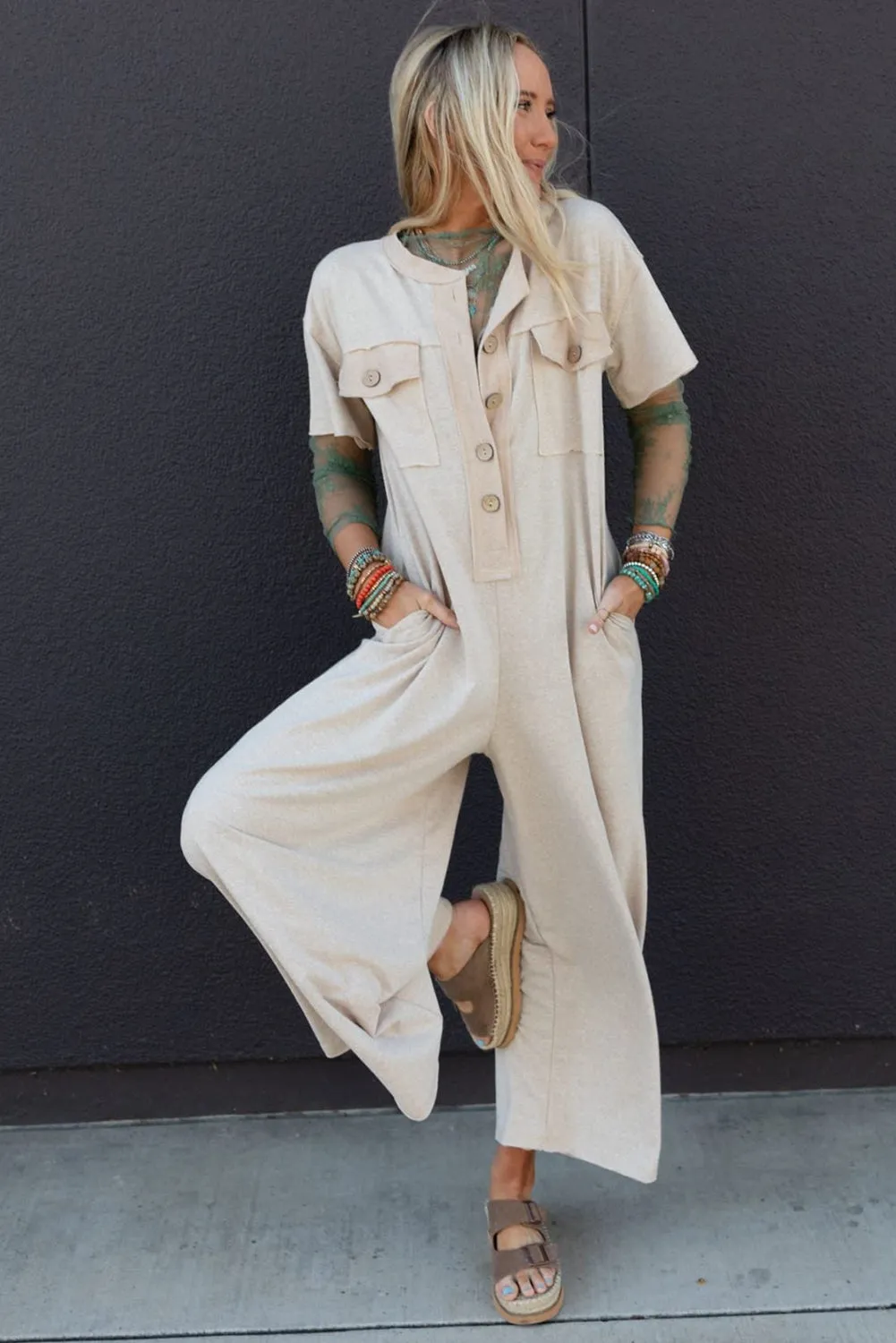 Beige Half Placket Chest Pockets Short Sleeve Wide Leg Jumpsuit sold by Beagle Boutique product image thumbnail 3