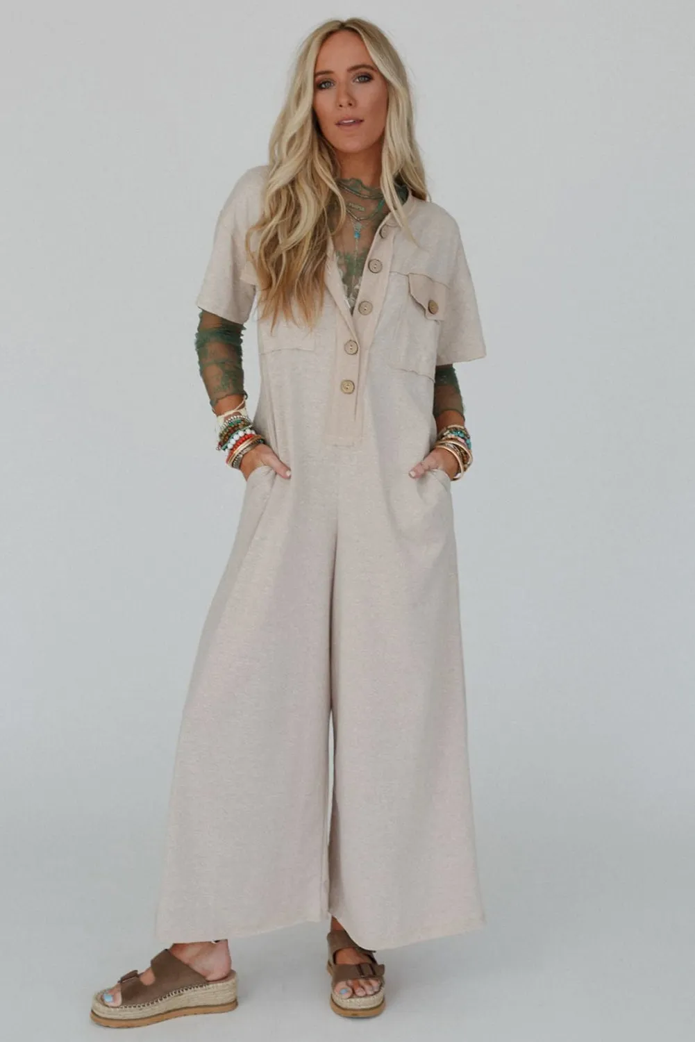 Beige Half Placket Chest Pockets Short Sleeve Wide Leg Jumpsuit sold by Beagle Boutique product image thumbnail 4