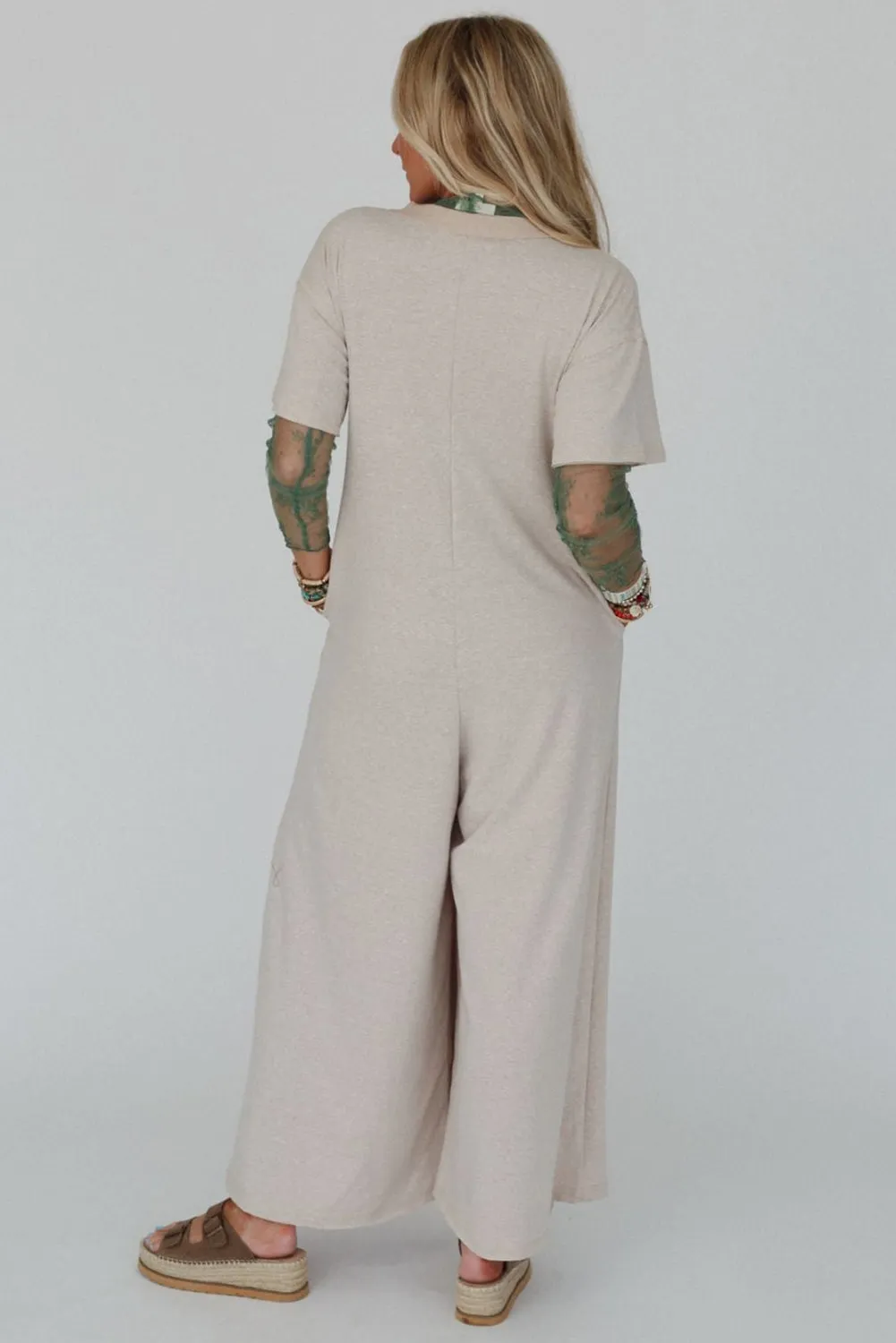 Beige Half Placket Chest Pockets Short Sleeve Wide Leg Jumpsuit sold by Beagle Boutique product image thumbnail 2