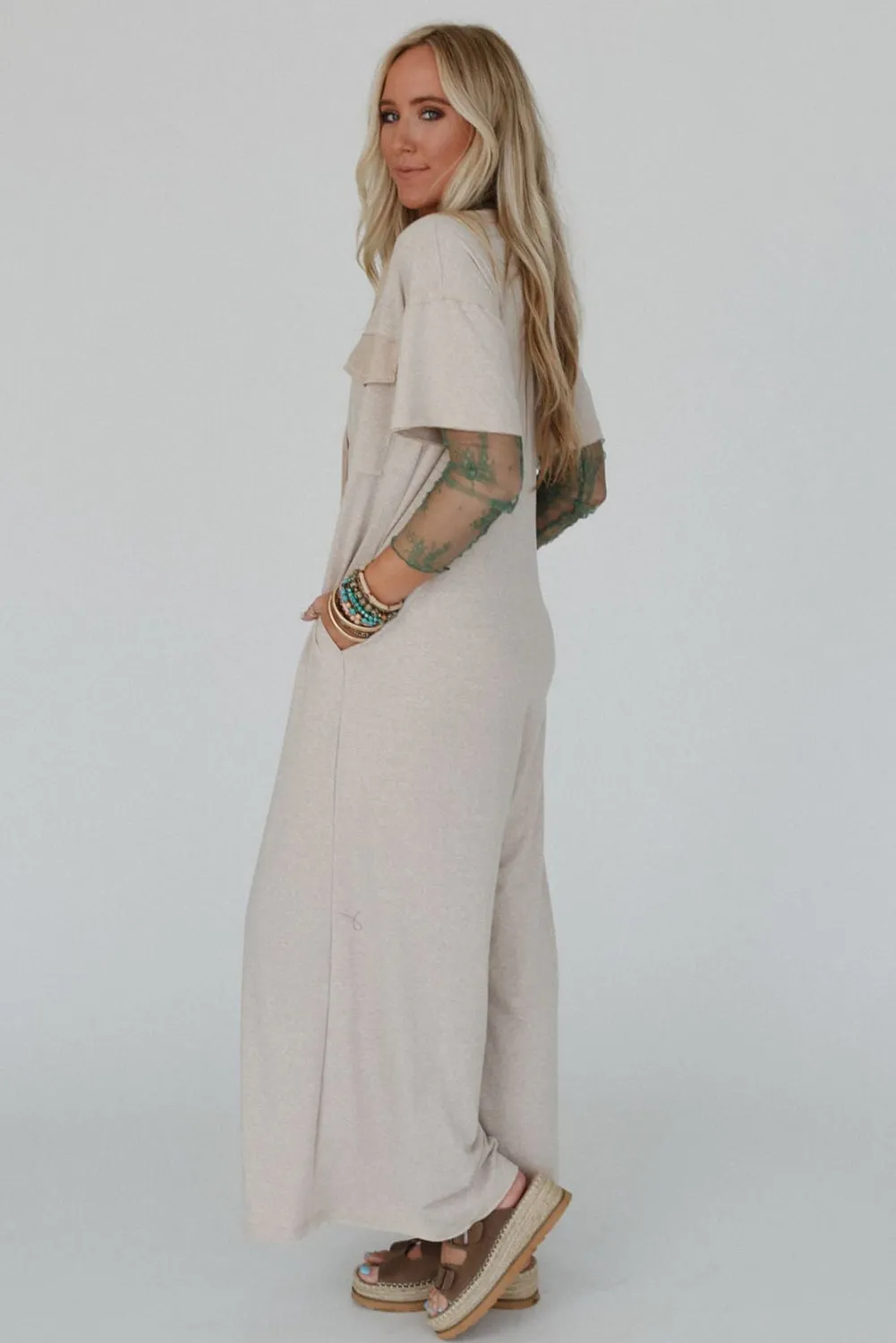 Beige Half Placket Chest Pockets Short Sleeve Wide Leg Jumpsuit sold by Beagle Boutique product image thumbnail 5