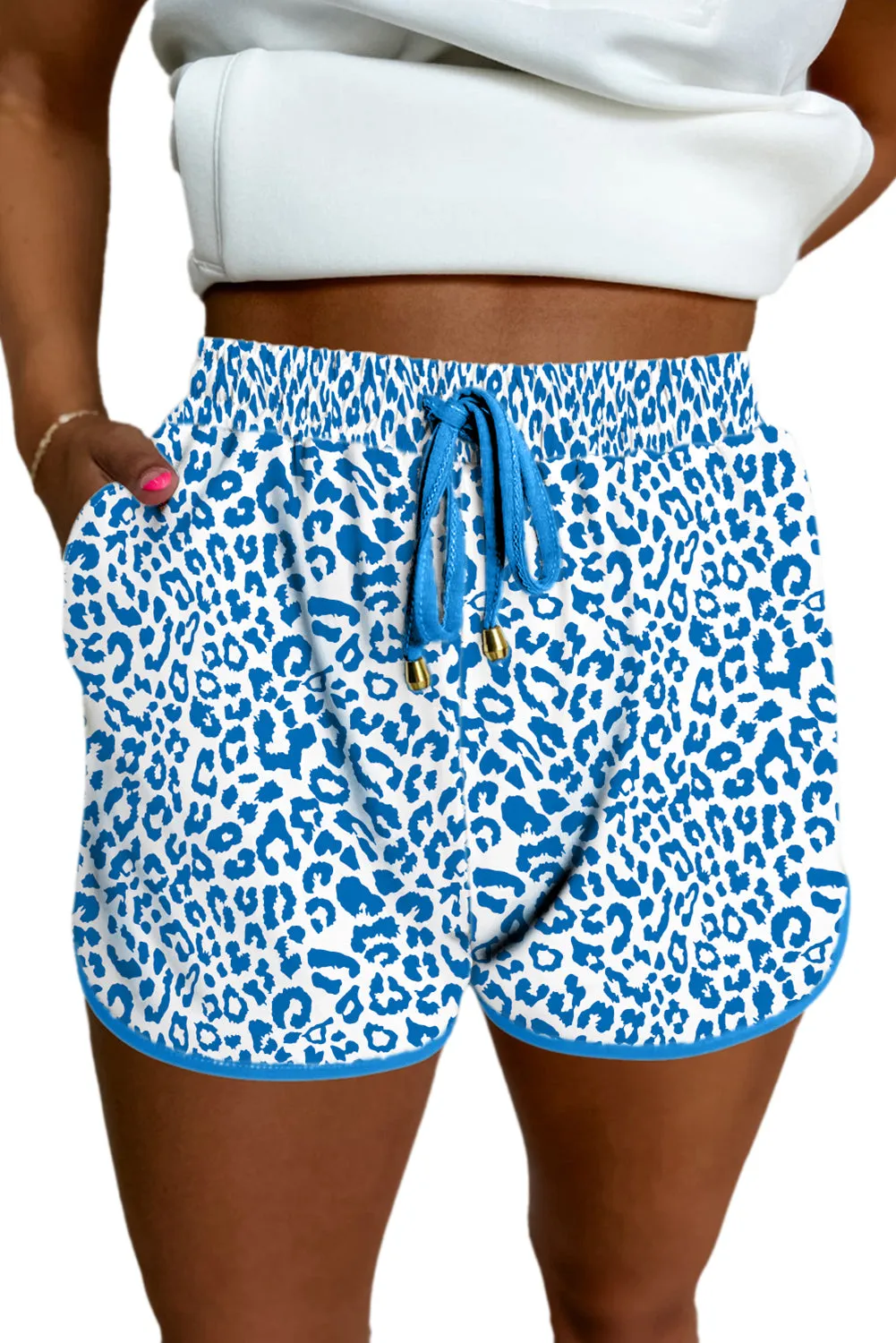 Blue Leopard Elastic Waist Lace up Contrast Trim Casual Shorts sold by Beagle Boutique product image thumbnail 4