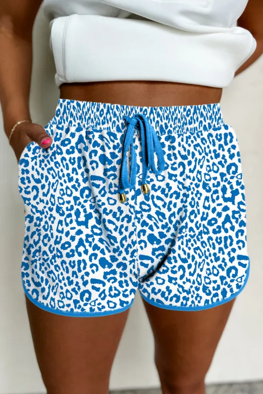 Blue Leopard Elastic Waist Lace up Contrast Trim Casual Shorts sold by Beagle Boutique