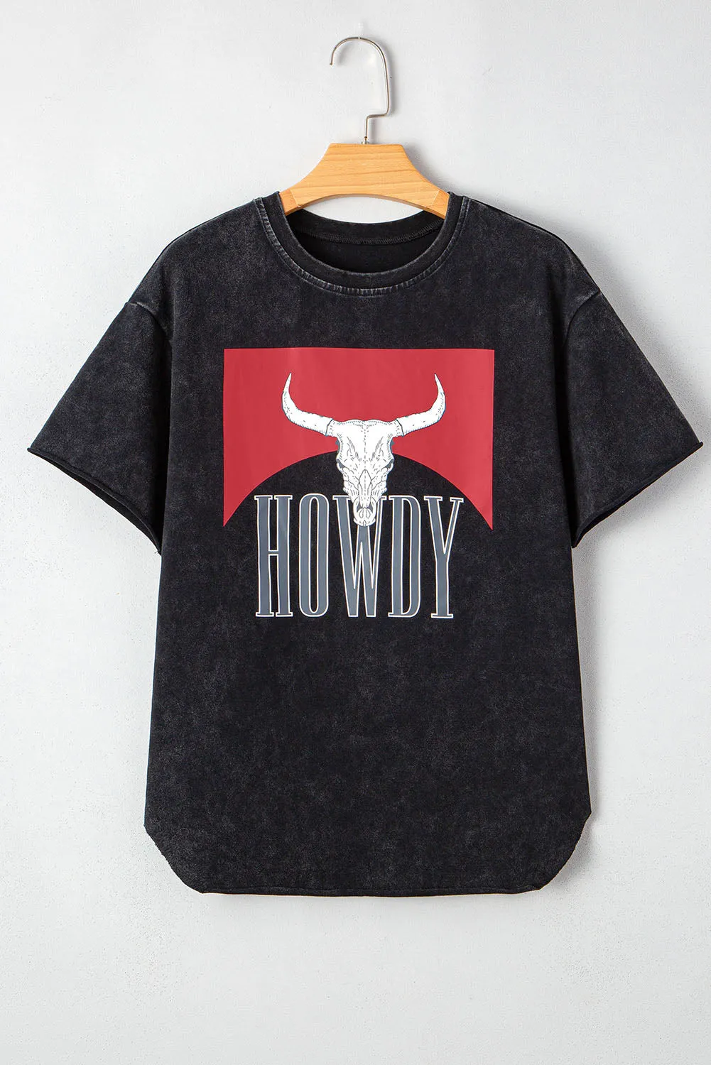Black Western HOWDY Steer Head Print Side Slits Loose Fit T Shirt sold by Beagle Boutique product image thumbnail 3