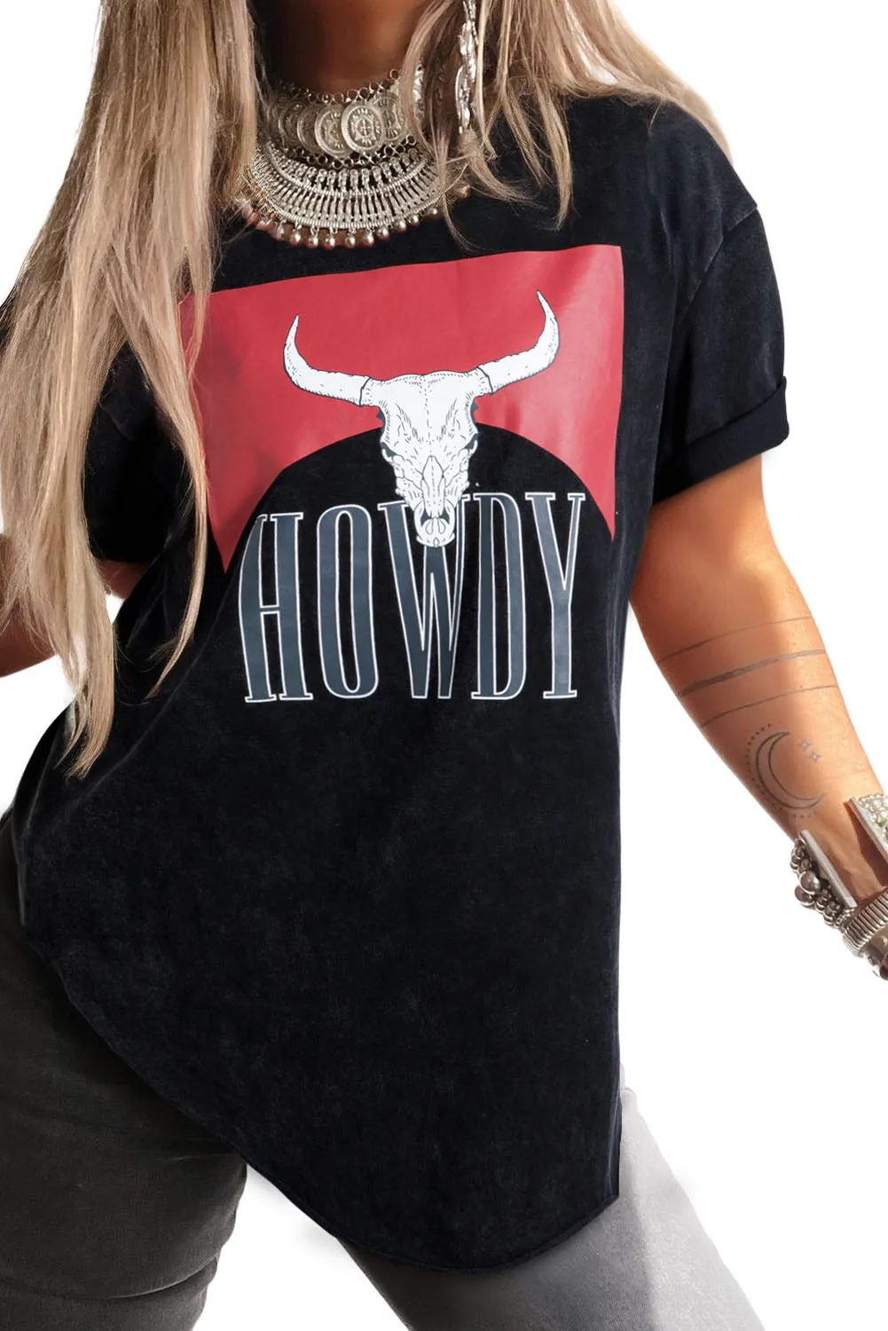 Black Western HOWDY Steer Head Print Side Slits Loose Fit T Shirt sold by Beagle Boutique product image thumbnail 2
