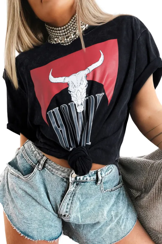 Black Western HOWDY Steer Head Print Side Slits Loose Fit T Shirt made by Beagle Boutique
