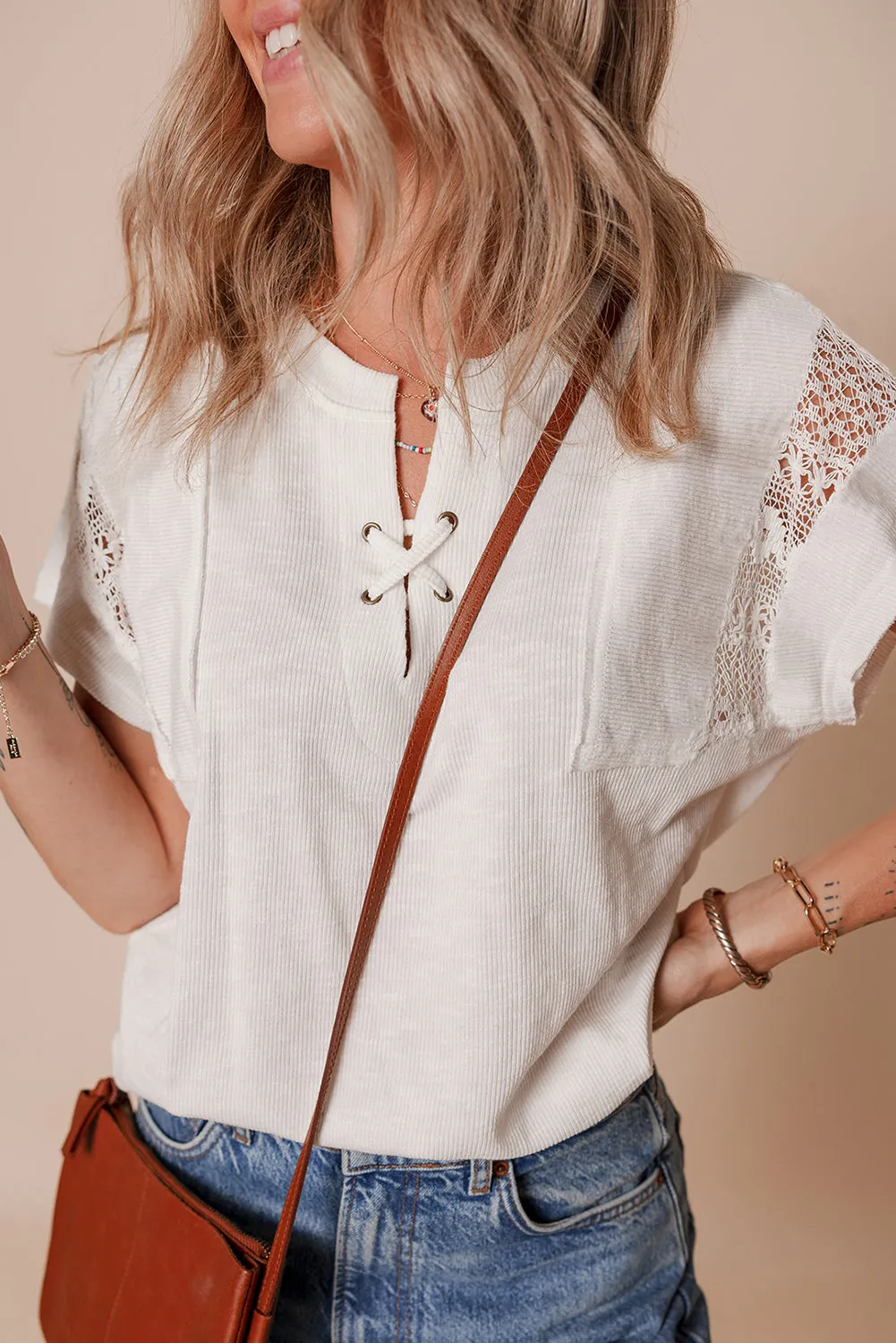 White Ribbed Texture Lace Patchwork Short Sleeve Top sold by Beagle Boutique product image thumbnail 3