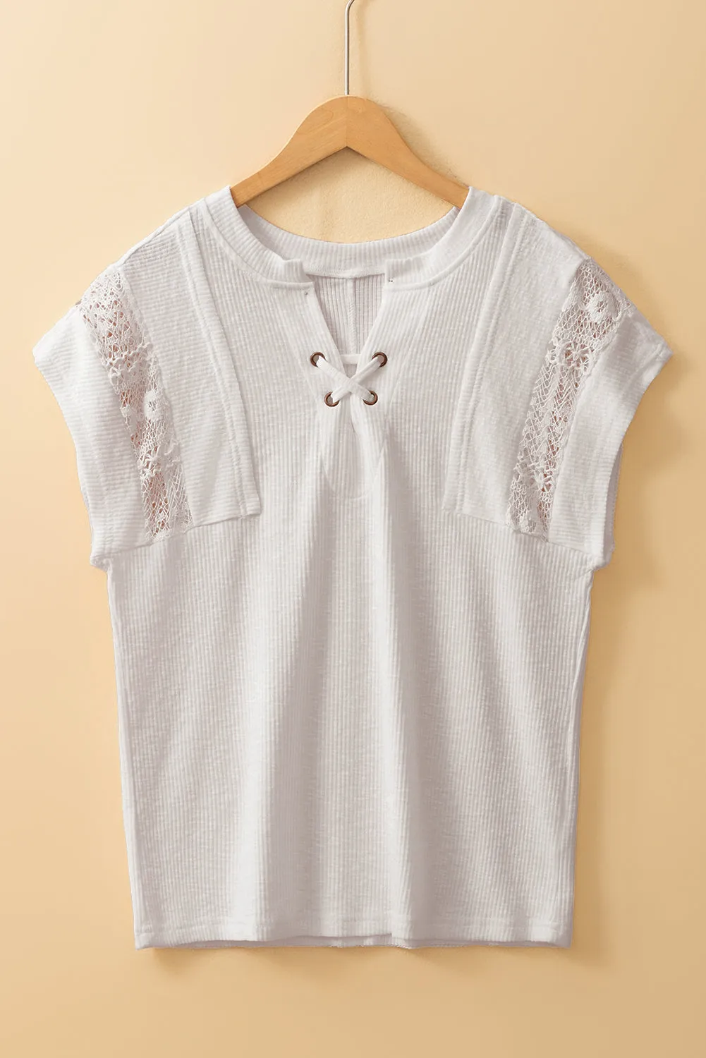 White Ribbed Texture Lace Patchwork Short Sleeve Top sold by Beagle Boutique product image thumbnail 4