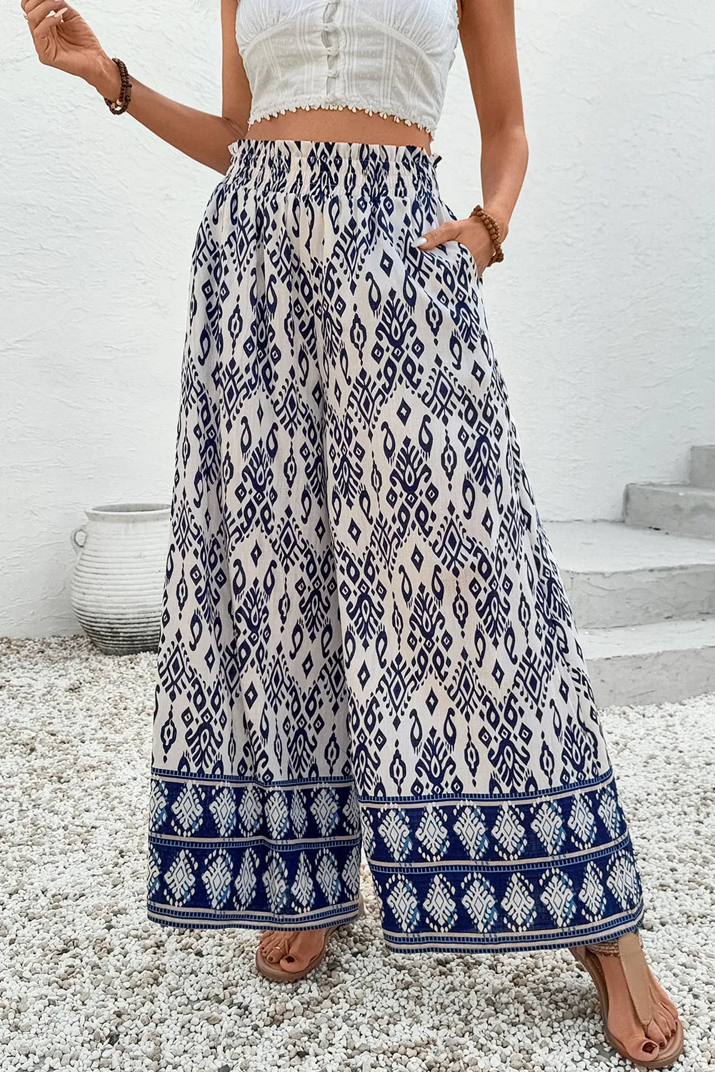 Blue Boho Pattern Print High Waist Wide Leg Loose Trousers sold by Beagle Boutique