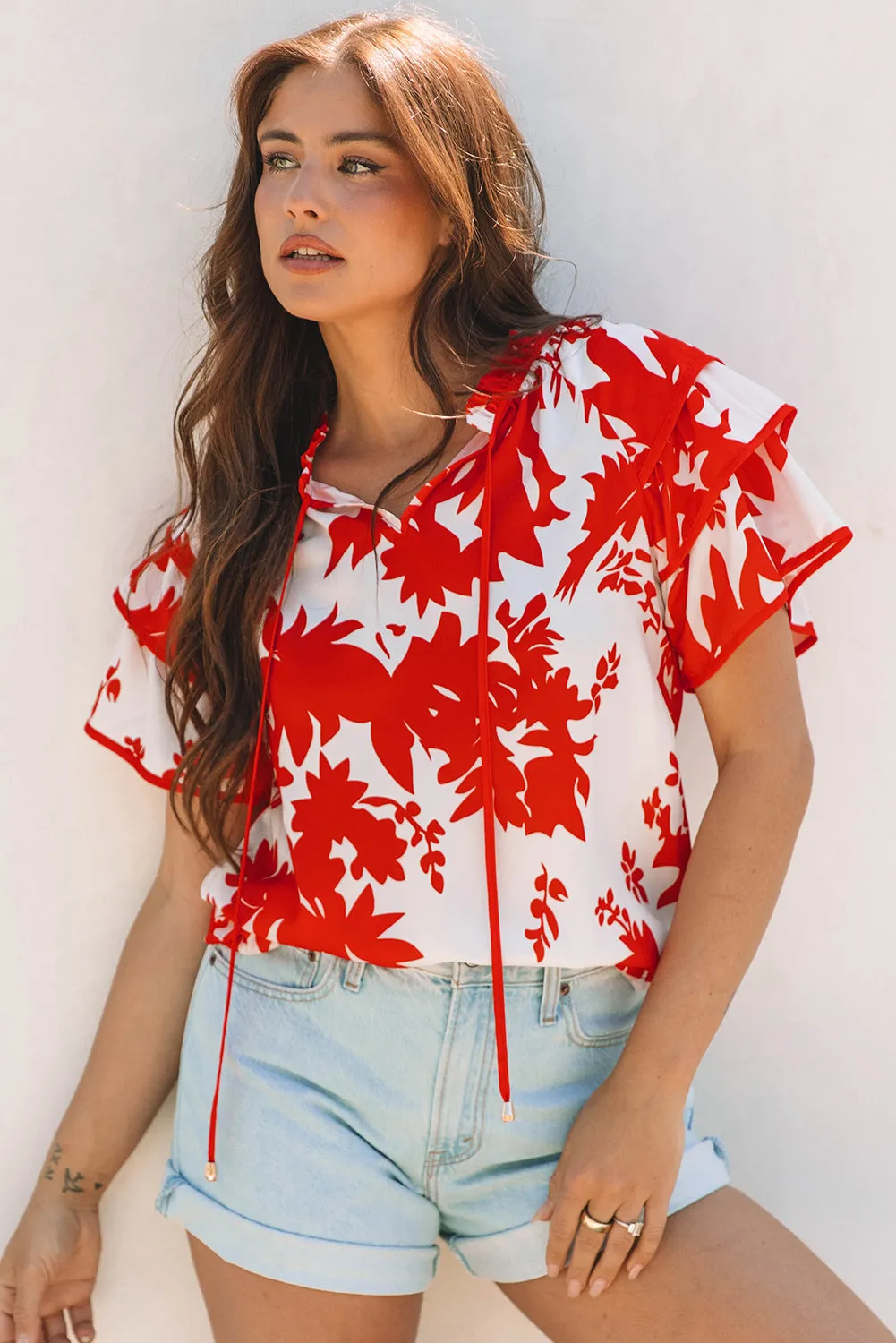 Red Plant Print Tiered Ruffled Sleeve V Neck Blouse sold by Beagle Boutique product image thumbnail 5