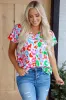 Green Contrast Leopard Print V Neck Short Sleeve Blouse sold by Beagle Boutique