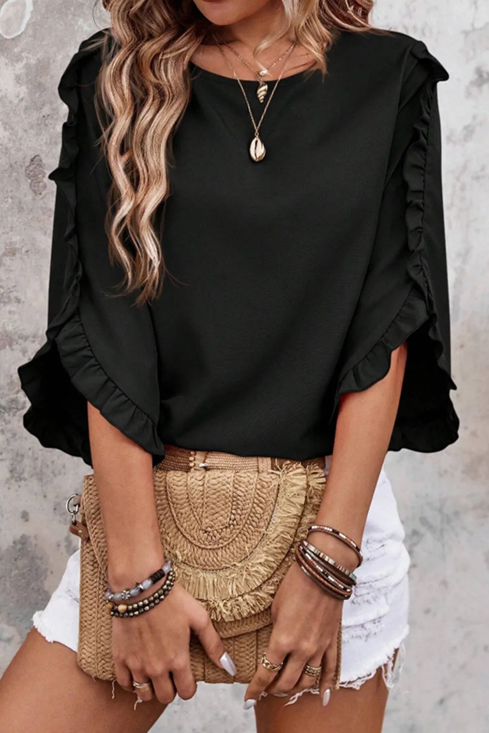 Ruffle Trimmed 3/4 Sleeve Round Neck Blouse sold by Beagle Boutique product image thumbnail 3